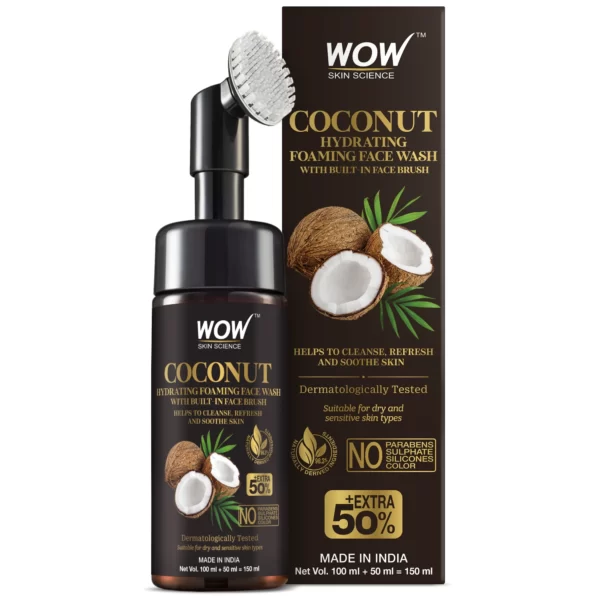 WOW Skin Science Coconut Hydrating Foaming Face Wash with Built-In Face Brush WITH 50% EXTRA(100ml+50)