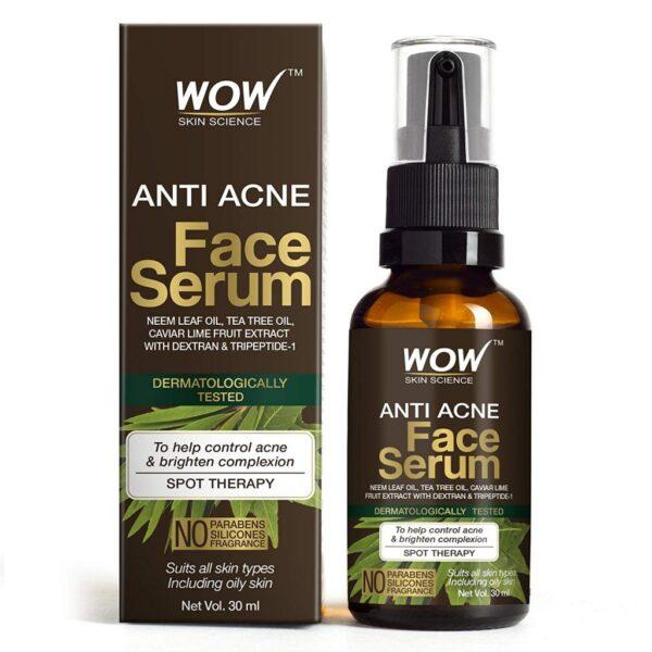 WOW Skin Science Anti Acne Face Serum – Natural Neem Leaf Oil, Tea Tree Oil, Caviar Lime Fruit Extract – Spot Therapy – No Parabens, Silicones & Fragrance – 30 ml Glass Bottle