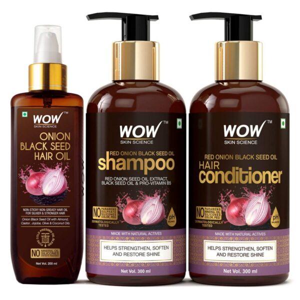 WOW Skin Science Onion Black Seed Oil Ultimate Hair Care Kit (Shampoo 300 ml + Hair Conditioner 300 ml + Hair Oil 200 ml)