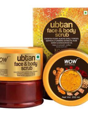 WOW Skin Science Ubtan Face & Body Scrub With Chickpea Flour, Almond Shell Powder, Saffron & Turmeric Extracts, Rose Water & Sandalwood Oil – 200 ml