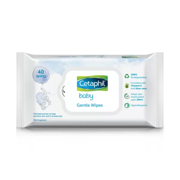 Cetaphil Baby Gentle Wipes With Aloevera & Vitamin E, 100% Biodegradable(40 pieces)