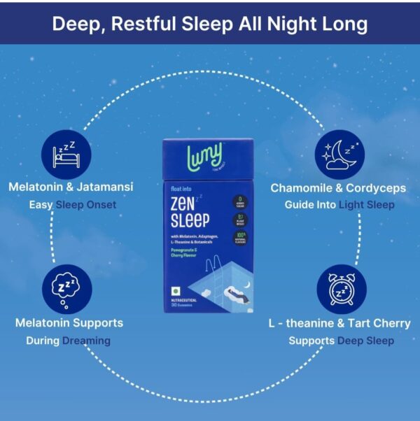 Lumy Zen Melatonin gummies: Melatonin 5mg & Adaptogens for Deep Sleep, Morning Energy |Non-Addictive | Sleep-Gut Harmony | 30 Gummies | L-Theanine, Jatamansi for Stress Relief, Muscle Relaxation - Image 4
